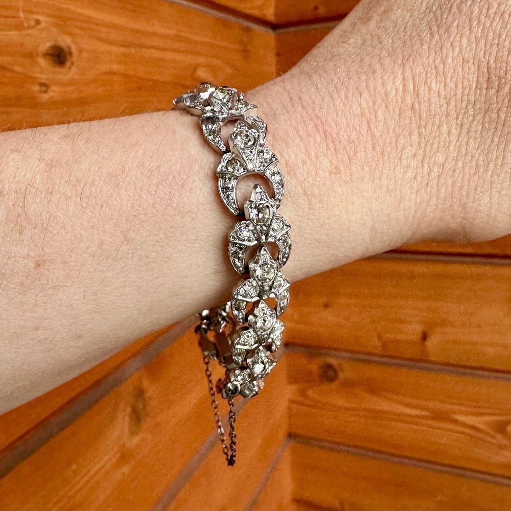 Art Deco Crystal Rhinestone Silver Rhodium Plate Tennis Bracelet